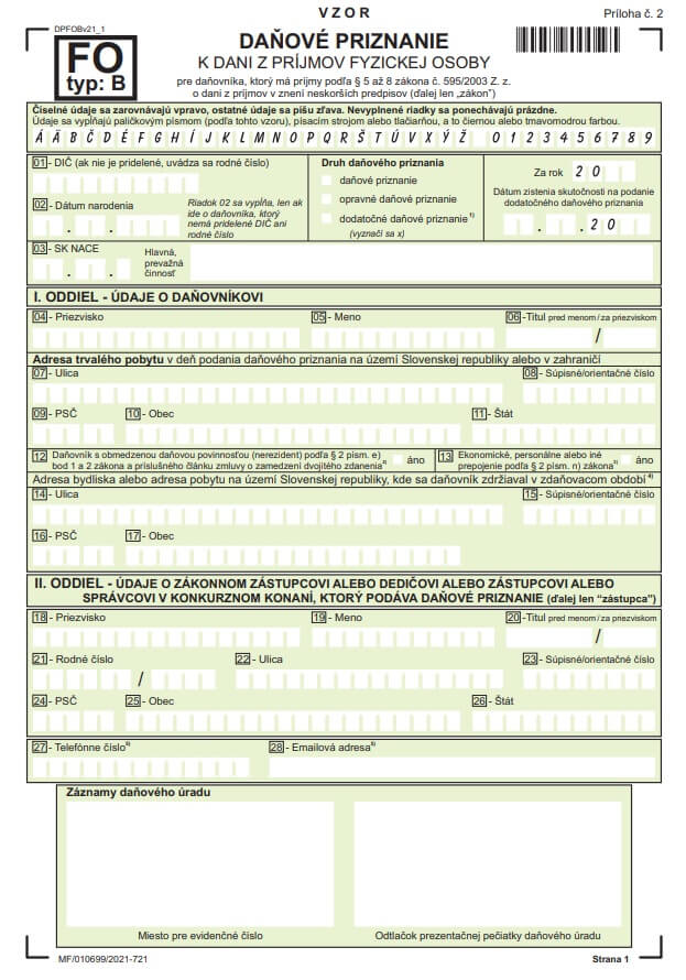Oficiálny vzor tlačiva daňového priznania typ B za rok 2025 – Finančná správa SR