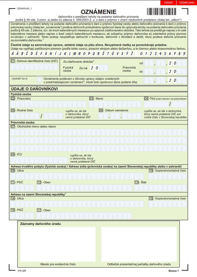 Oficiálny vzor oznámenia o predĺžení lehoty na podanie daňového priznania 2026 – Finančná správa SR